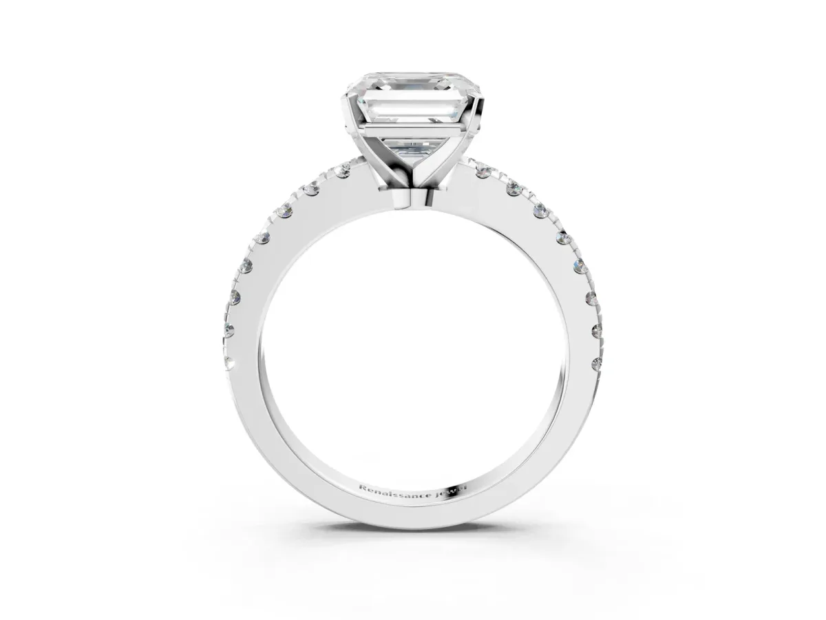 Asscher Cut Solitaire Diamond with Pavé Band and Four-Prong Setting Silver