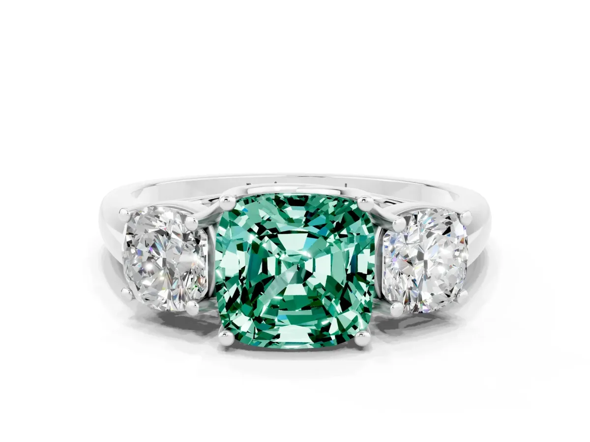 Three-Stone Cushion Cut Green Sapphire Engagement Ring with Prong Setting White gold