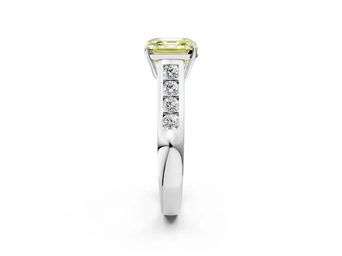 Fancy Yellow Asscher Cut Brilliant Channel-Set Solitaire Ring with Four-Prong Setting Platinum