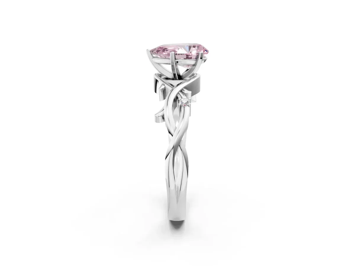 Fancy Pink Pear Cut Diamond Solitaire Ring with Twisted Band and Prong Setting Silver