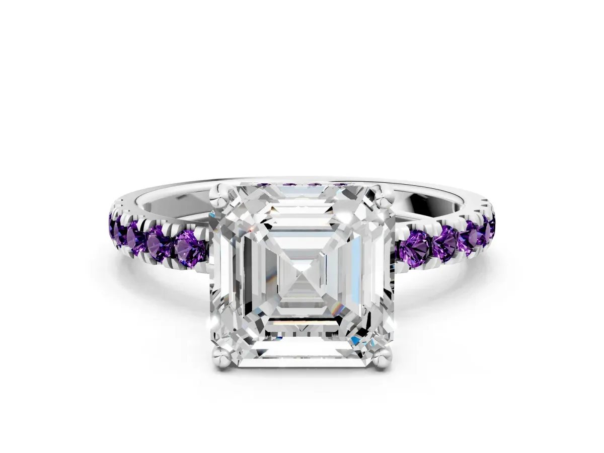 Asscher Cut Diamond Pave Band Solitaire Ring with Round Amethyst and Prong Setting Platinum