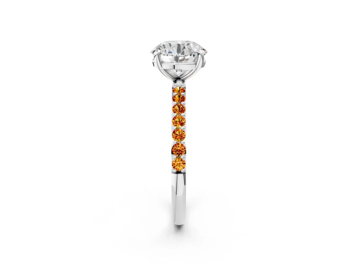 Round Cut Diamond Solitaire Ring with Round Citrine Pavé Band and Prong Setting Silver