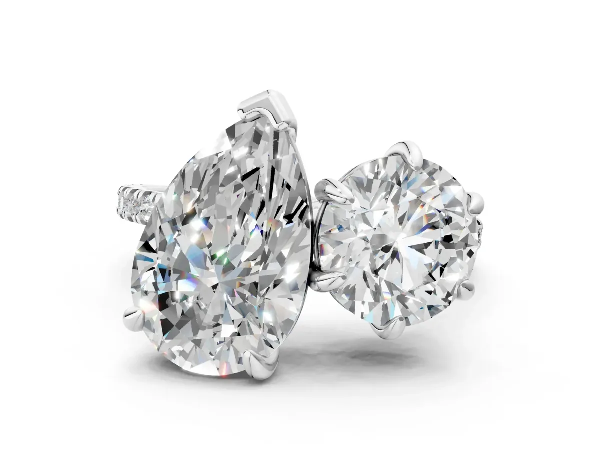 Round and Pear Toi Moi Ring with Prong Setting and Pave Band Silver