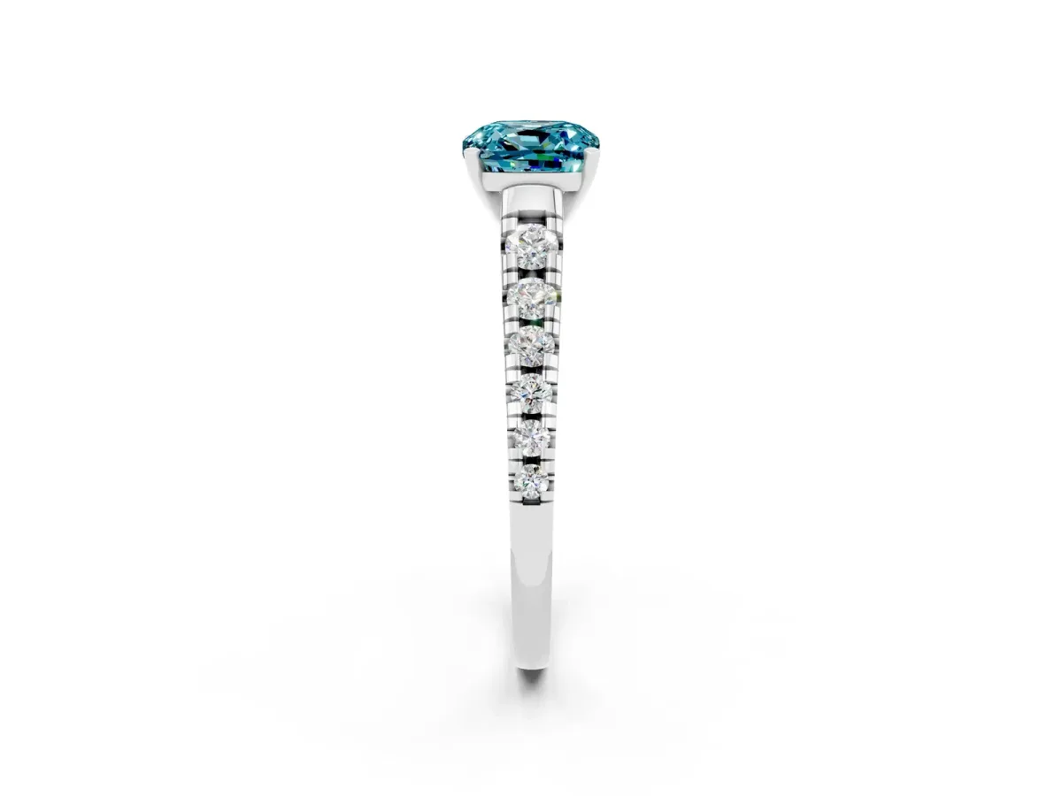 Cushion Cut Blue Topaz Cathedral Solitaire Ring with Round Pavé Band Silver