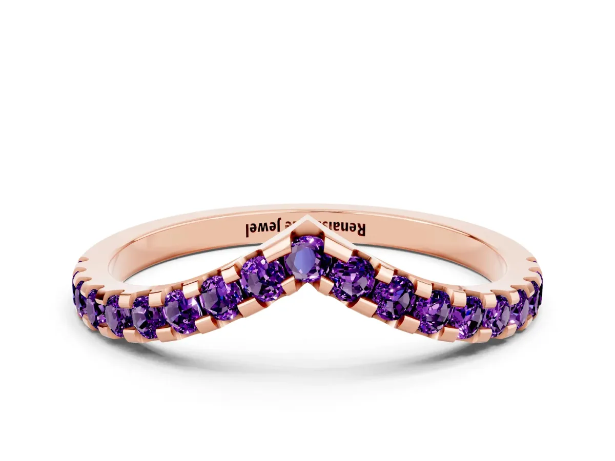 Pavé Round Amethyst Chevron Band with Shared Prong Setting Rose gold