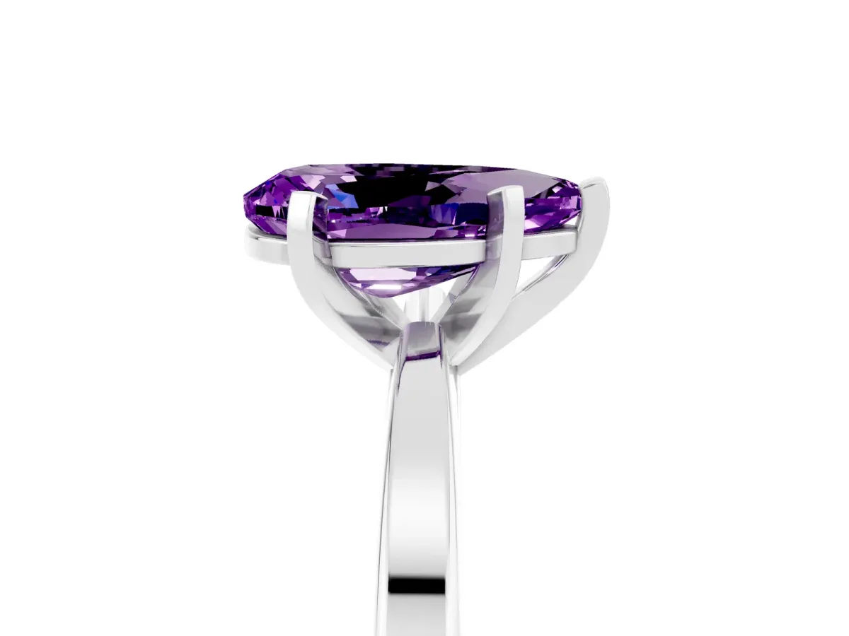 Pear Cut Amethyst Solitaire Engagement Ring with Classic Band and Four-Prong Setting Silver
