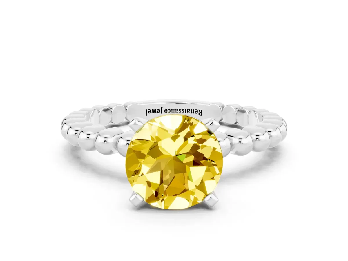 Round Cut Yellow Sapphire Solitaire Ring with Beaded Band and Prong Setting Platinum