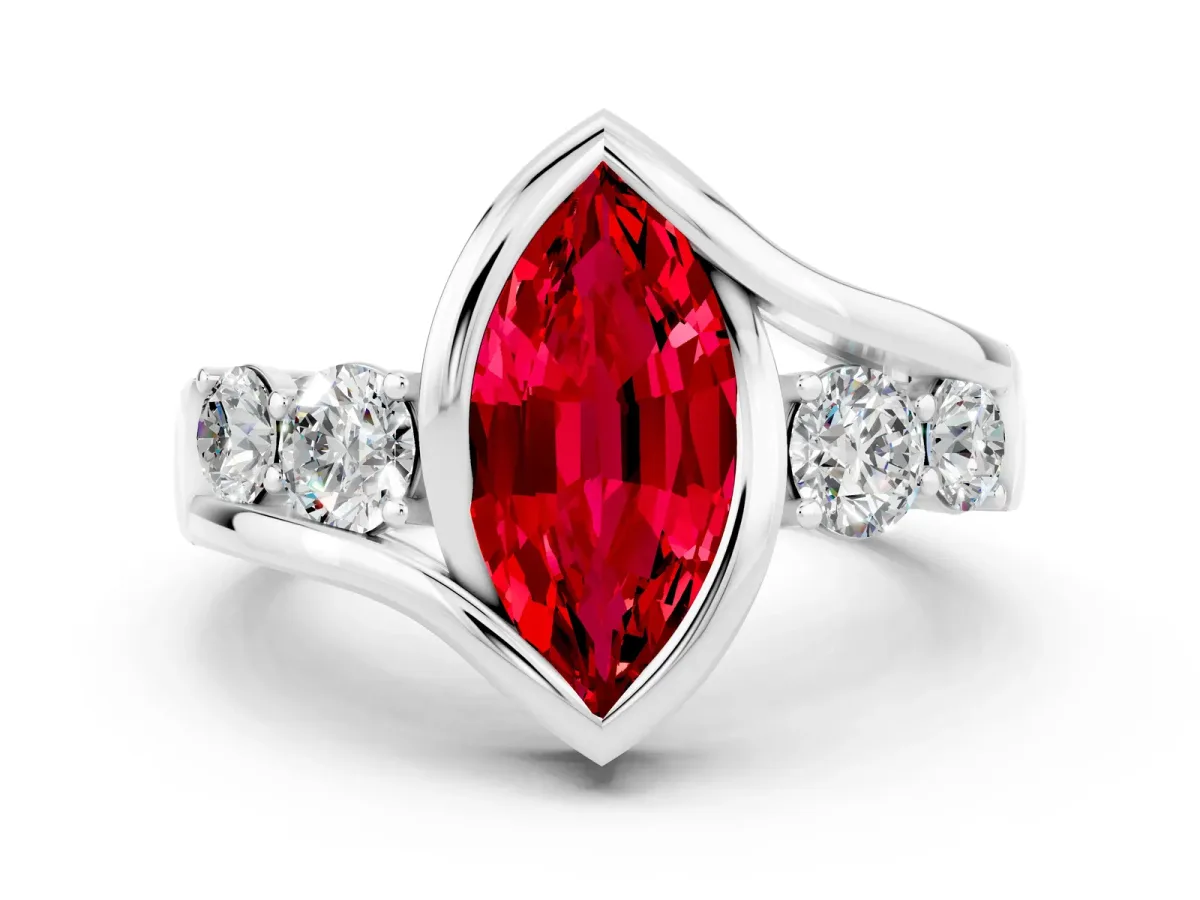 Bezel Set Marquise Cut Ruby Bypass Ring with Round Accents Platinum