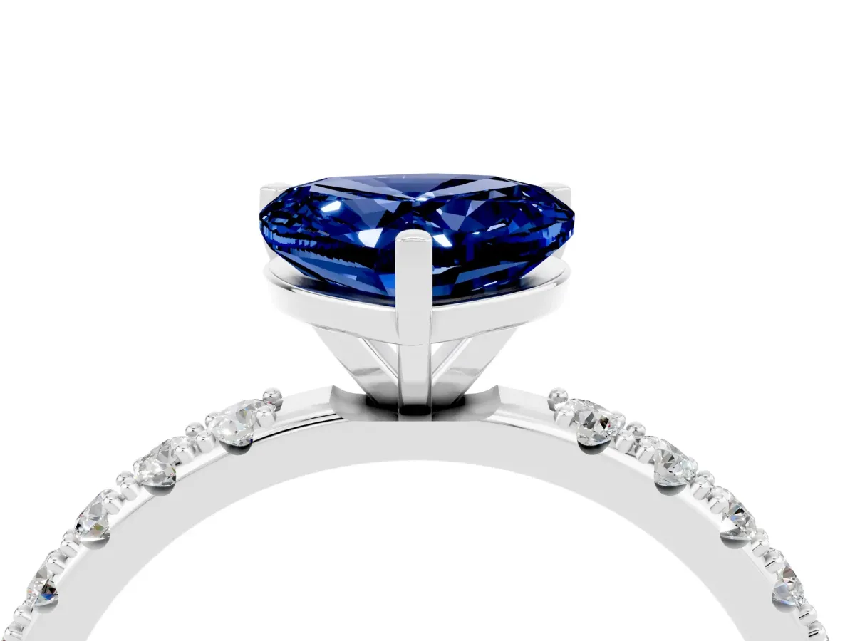 Heart Cut Blue Sapphire Solitaire Pavé Band with Four-Prong Setting Silver