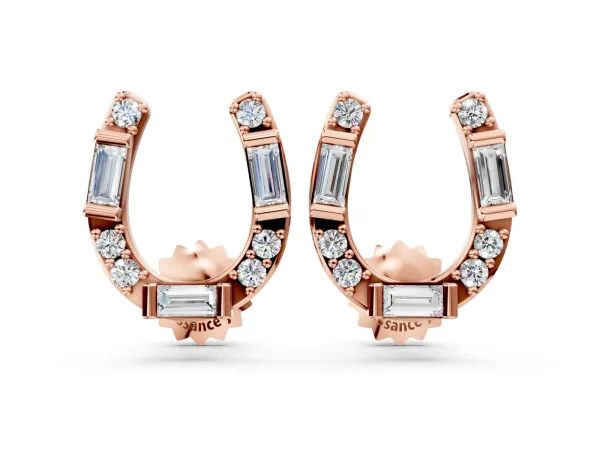 Baguette and Round Diamond Horseshoe Stud Earrings Rose gold