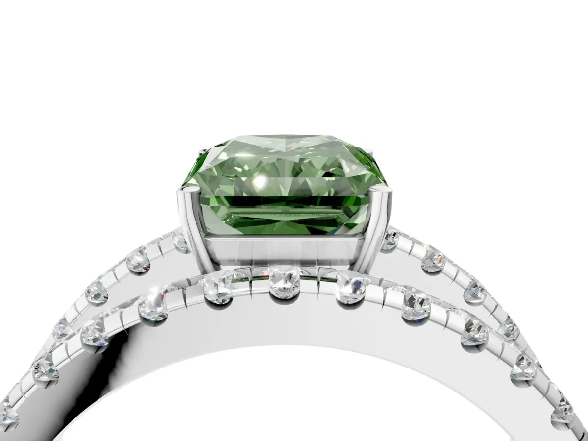 Fancy Green Radiant Cut Solitaire Split Shank Pave Diamond Ring Platinum