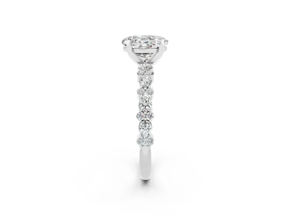 Oval Cut Moissanite Side Stone Solitaire Ring with Round and Four-Prong Setting White gold