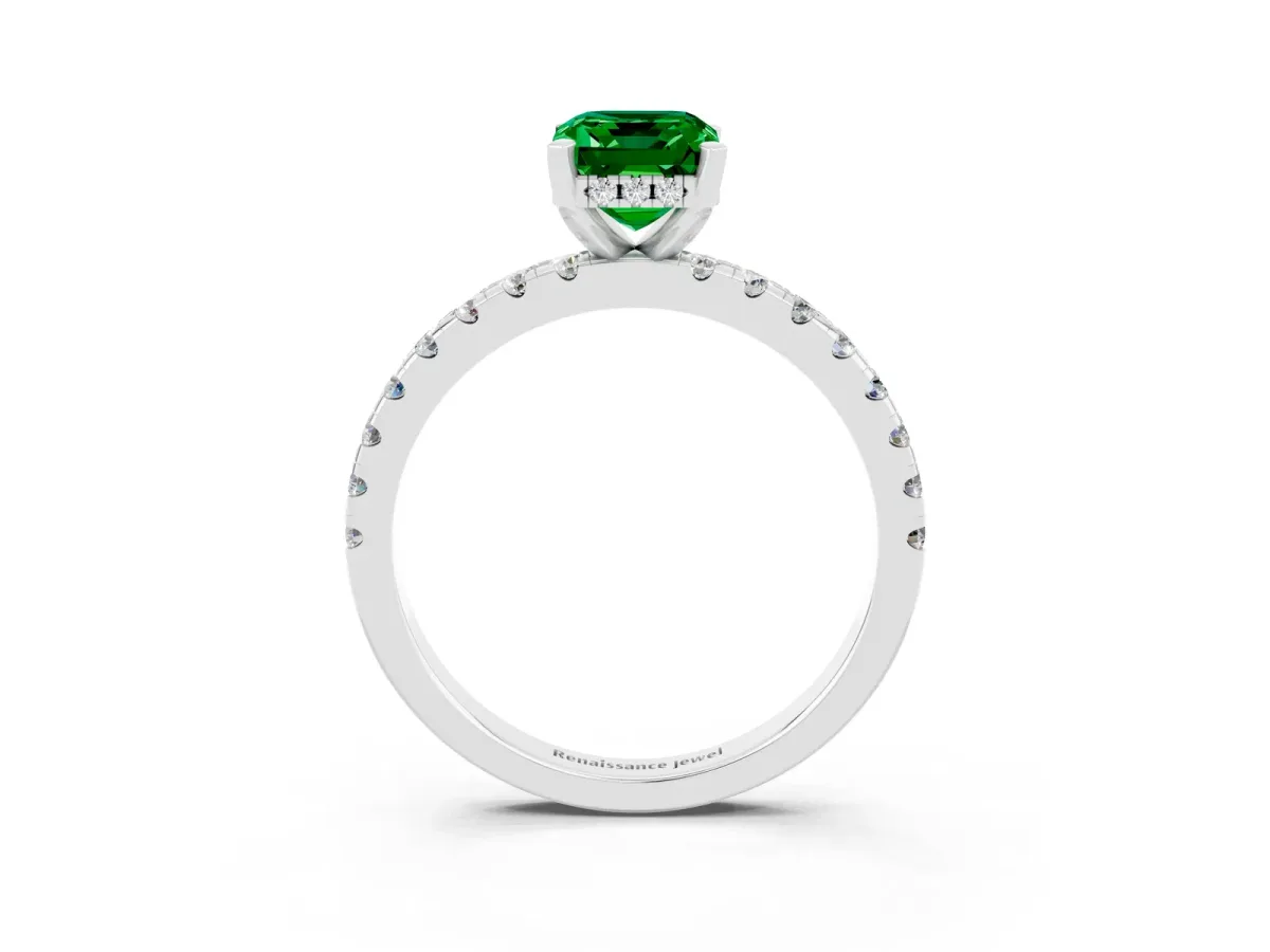 Emerald Cut Emerald Solitaire Ring with Round Pavé Band and Four-Prong Setting Silver