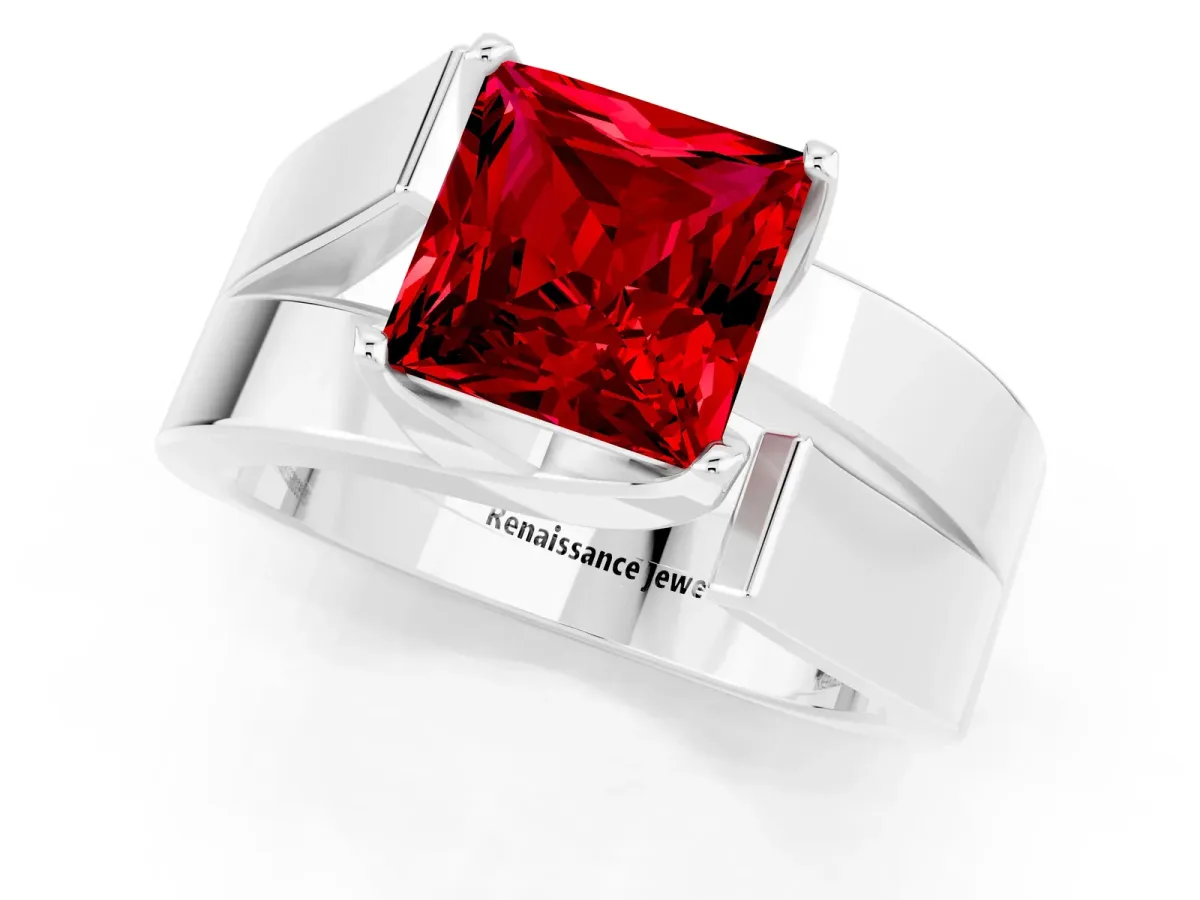 Modern Tension Set Princess Cut Ruby Solitaire Wide Band Ring White gold