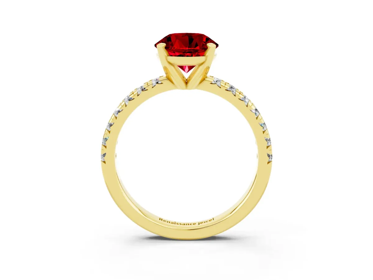 Round Cut Ruby Solitaire Pavé Engagement Ring with Round Band and Prong Setting Yellow gold