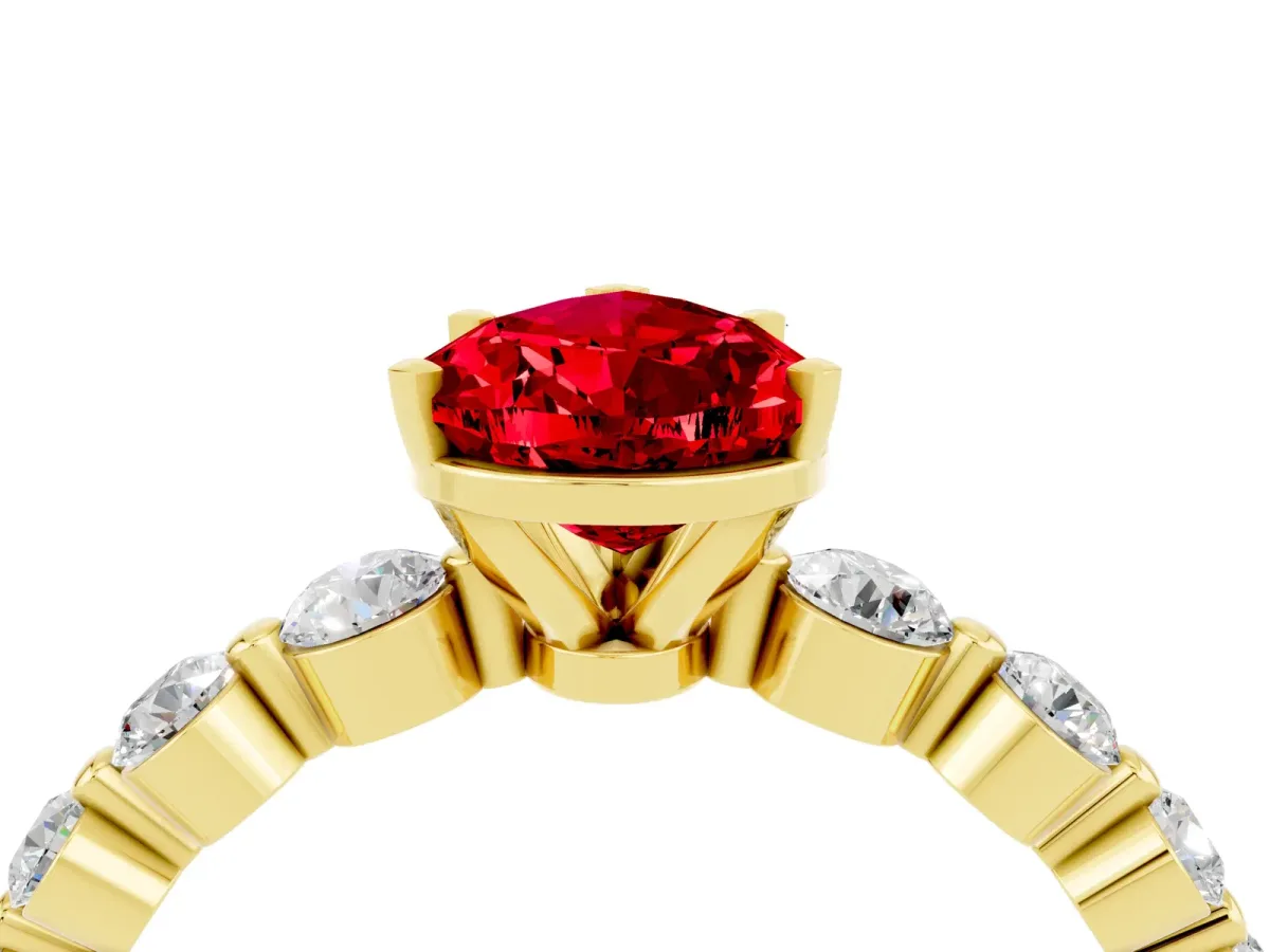 Pear Cut Solitaire Ruby Ring with Pave Band and Four-Prong Setting Yellow gold