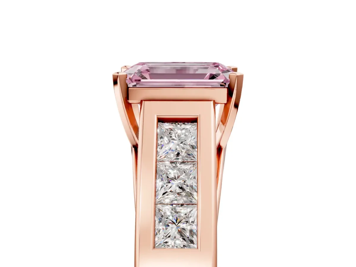 Fancy Pink Emerald Cut Cut Channel Set Solitaire Ring with Four-Prong Setting Rose gold