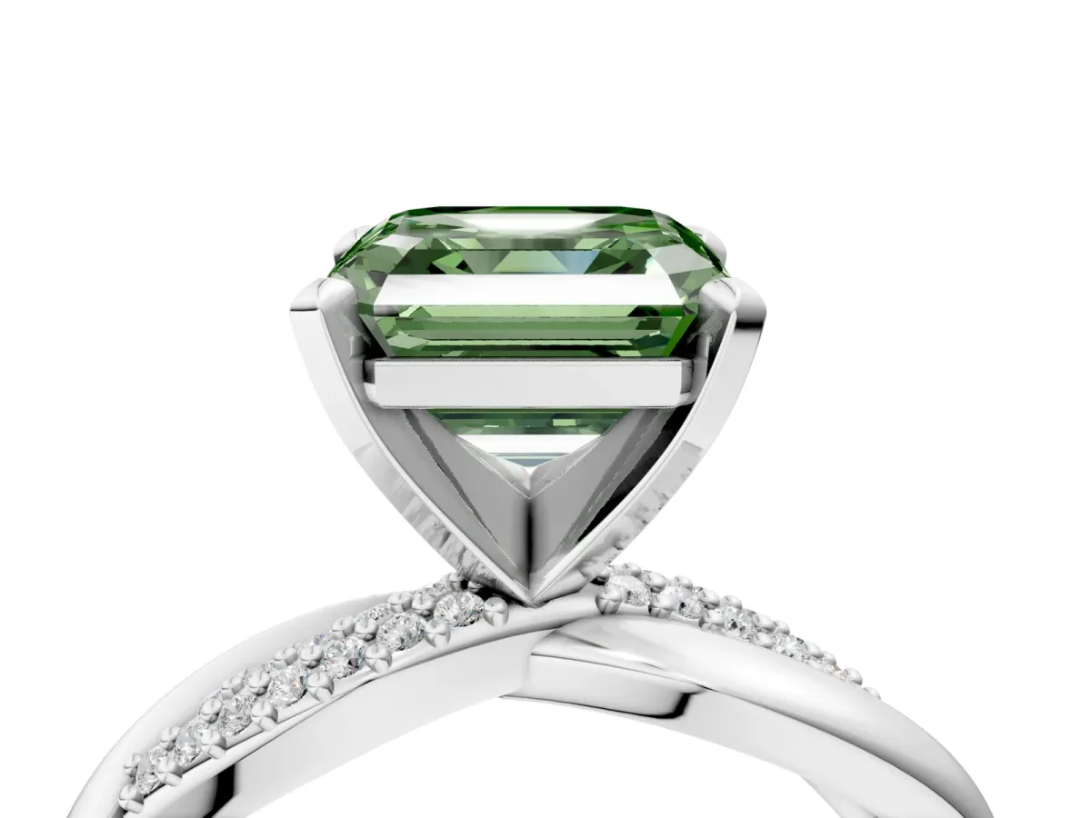 Fancy Green Asscher Cut Solitaire Twist Band with Pave Prong Setting Platinum