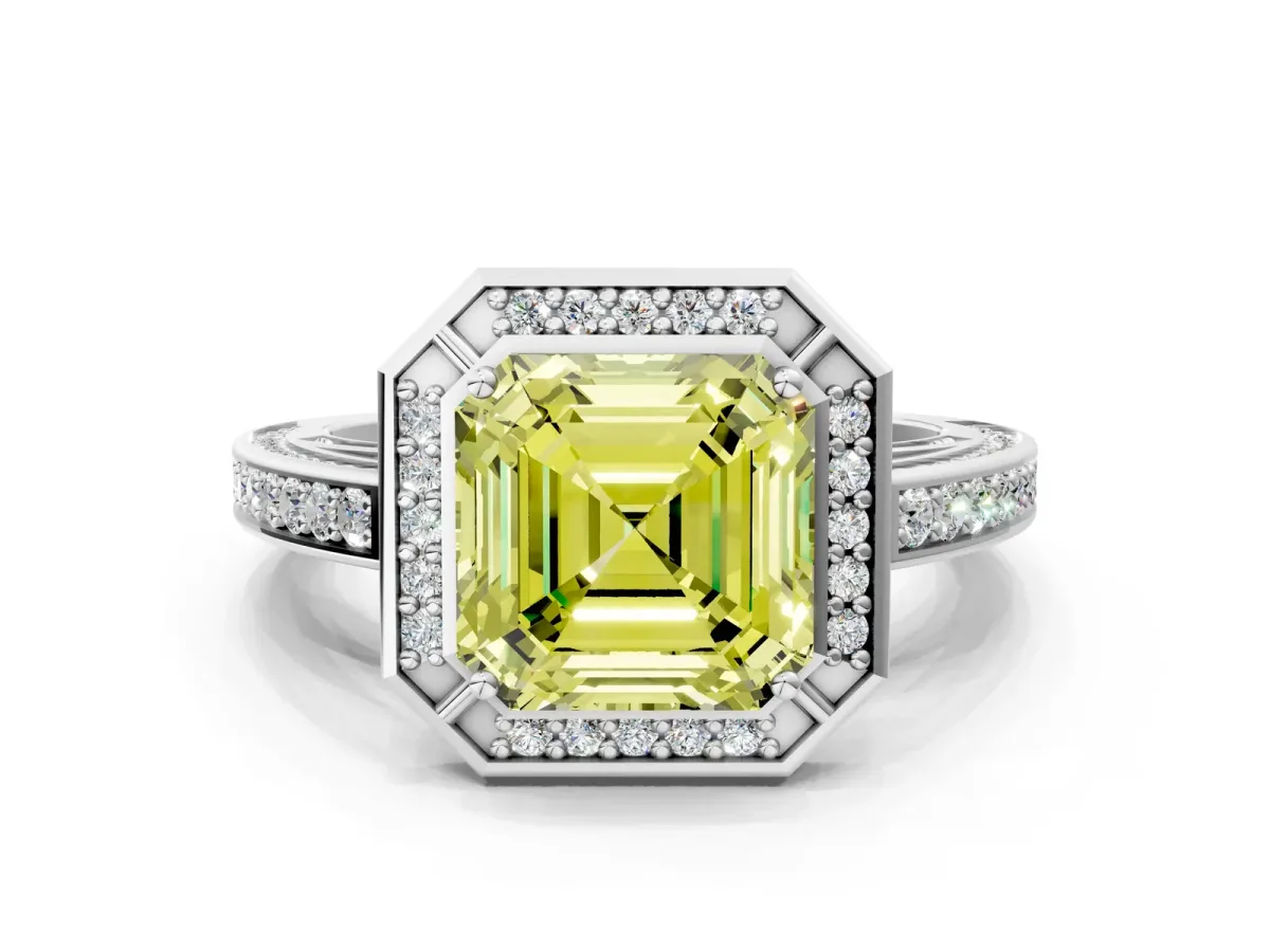 Fancy Yellow Asscher Cut Cut Halo Pave Split Shank Prong Setting Ring Platinum