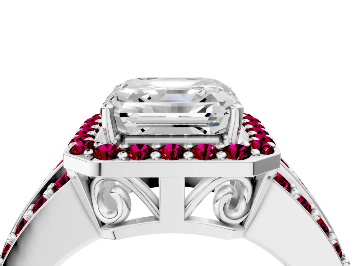Asscher Cut Halo Diamond Ring with Round Garnet Split Shank and Prong Setting Platinum