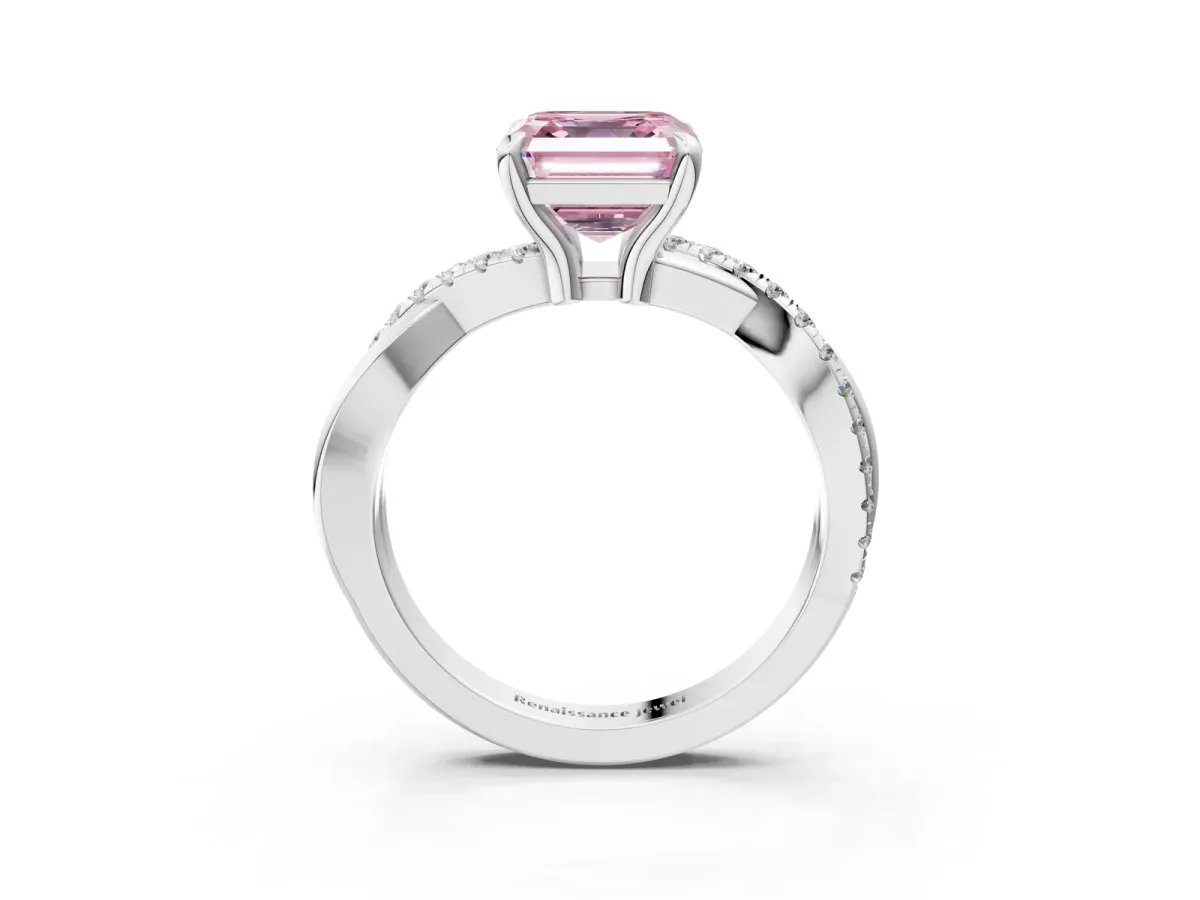 Fancy Pink Asscher Cut Cut Twist Band Solitaire Diamond Ring with Pavé Setting Platinum