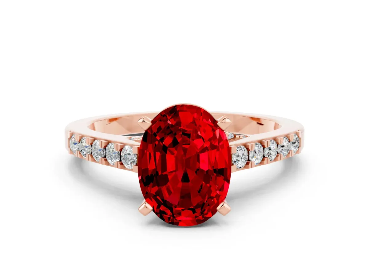 Oval Cut Ruby Solitaire Ring with Crossover Gallery and Round Pavé Band Rose gold