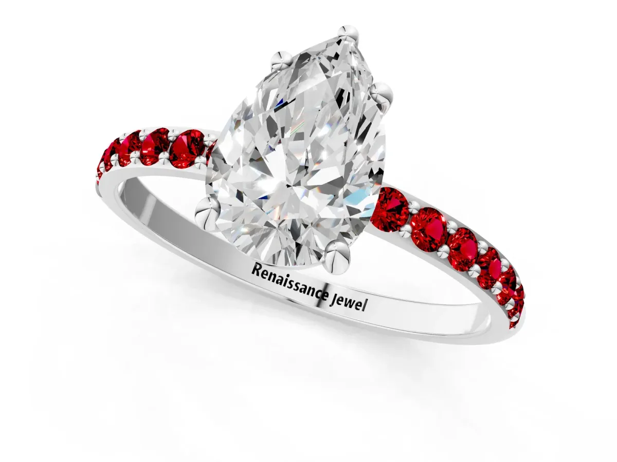 Pear Cut Diamond Solitaire Ring with Round Ruby Pavé Band and Prong Setting Silver