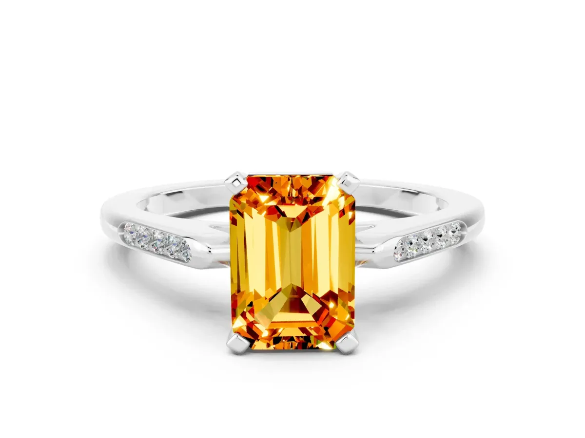 Emerald Cut Citrine Solitaire Ring with Channel Set Round Band and Prong Setting Silver