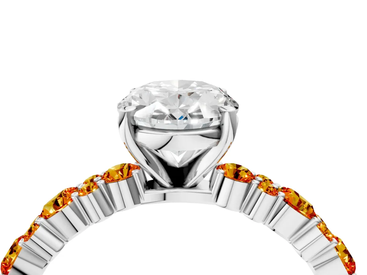 Oval Cut Diamond Side Stone Solitaire Ring with Round Citrine and Four-Prong Setting White gold