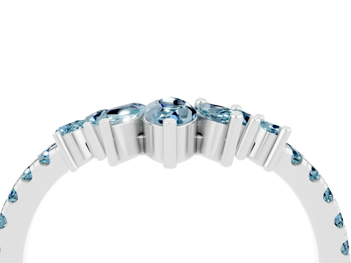 Chevron Marquise and Round Aquamarine Open Band with Prong Setting Silver