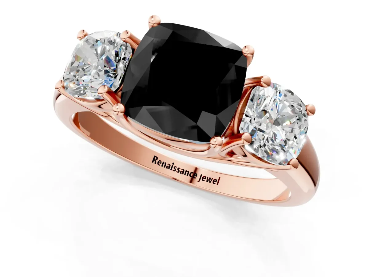 Fancy Black Three-Stone Cushion Cut Diamond Engagement Ring with Prong Setting Rose gold