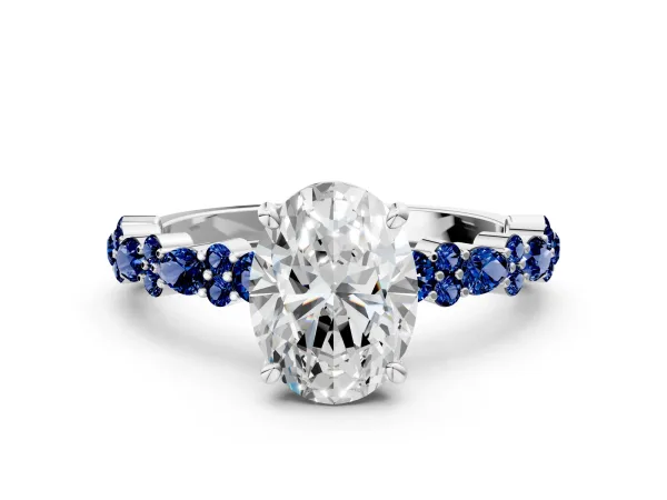 Oval Cut Diamond Side Stone Solitaire Ring with Round Blue Sapphire and Four-Prong Setting White gold