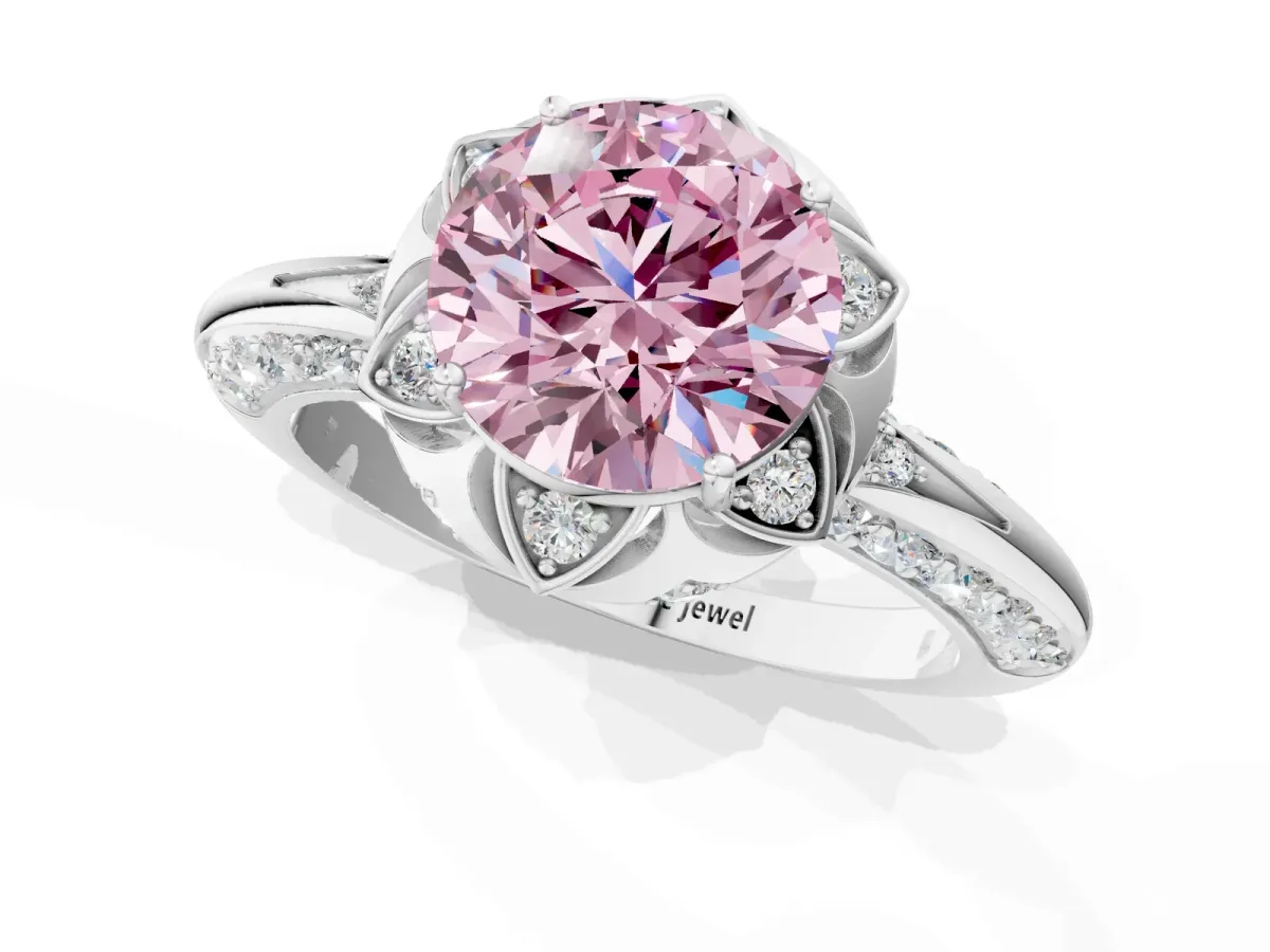 Fancy Pink Round Cut Halo Split Shank Pave Diamond Ring with Petal Prong Setting Platinum