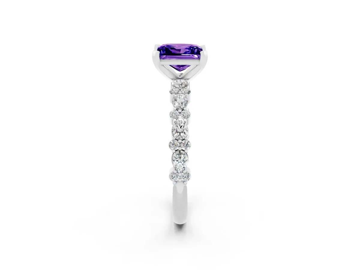 Princess Cut Tanzanite Side Stone Solitaire Ring with Round and Four-Prong Setting Platinum