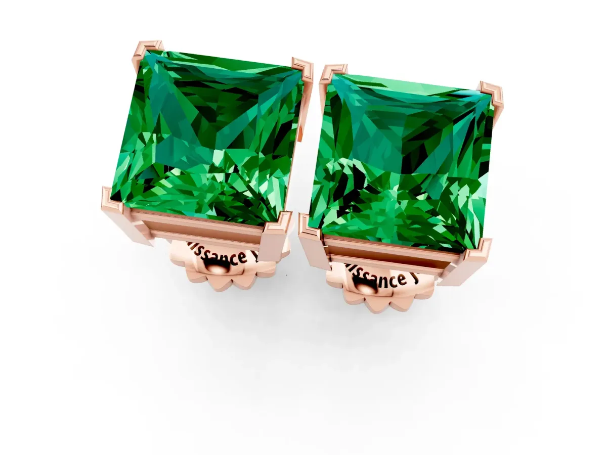 Princess Cut Emerald Stud Earrings Rose gold