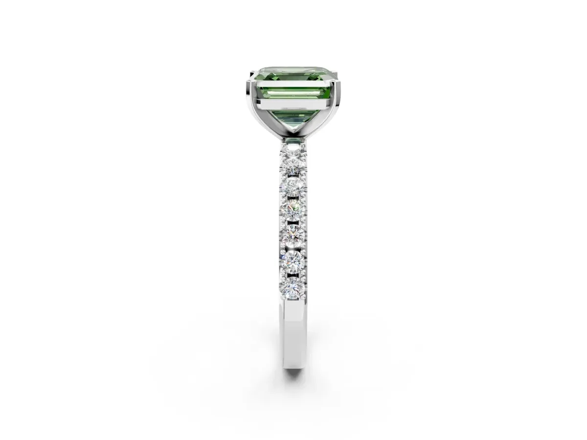Fancy Green Asscher Cut Diamond Solitaire Pavé Band with Four-Prong Setting Silver