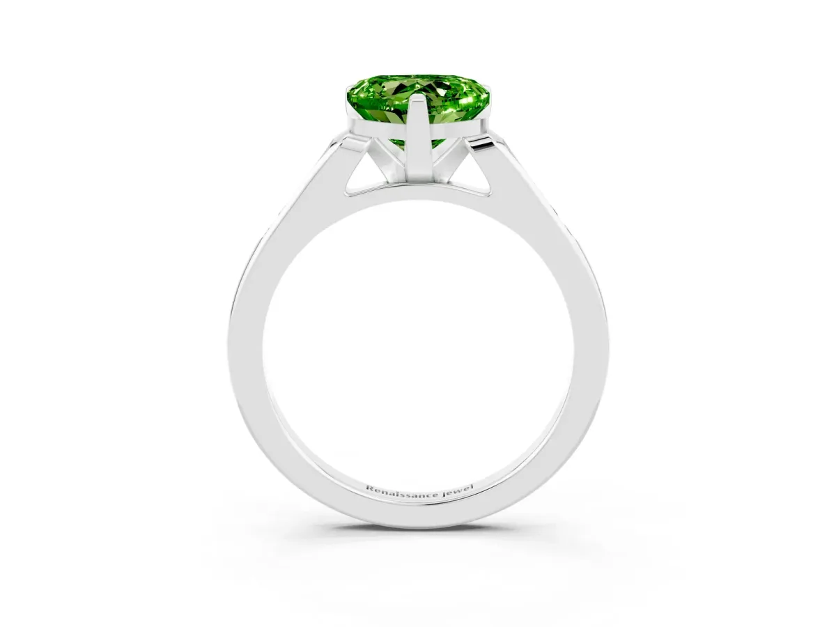 Heart Cut Peridot Solitaire Ring with Channel Set Round Band and Prong Setting Silver