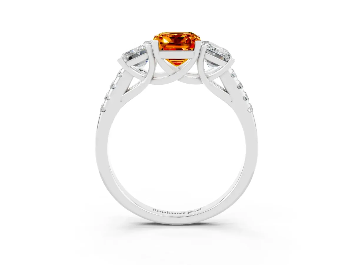 Three-Stone Emerald Cut Citrine Ring with Round Pavé Band and Prong Setting White gold