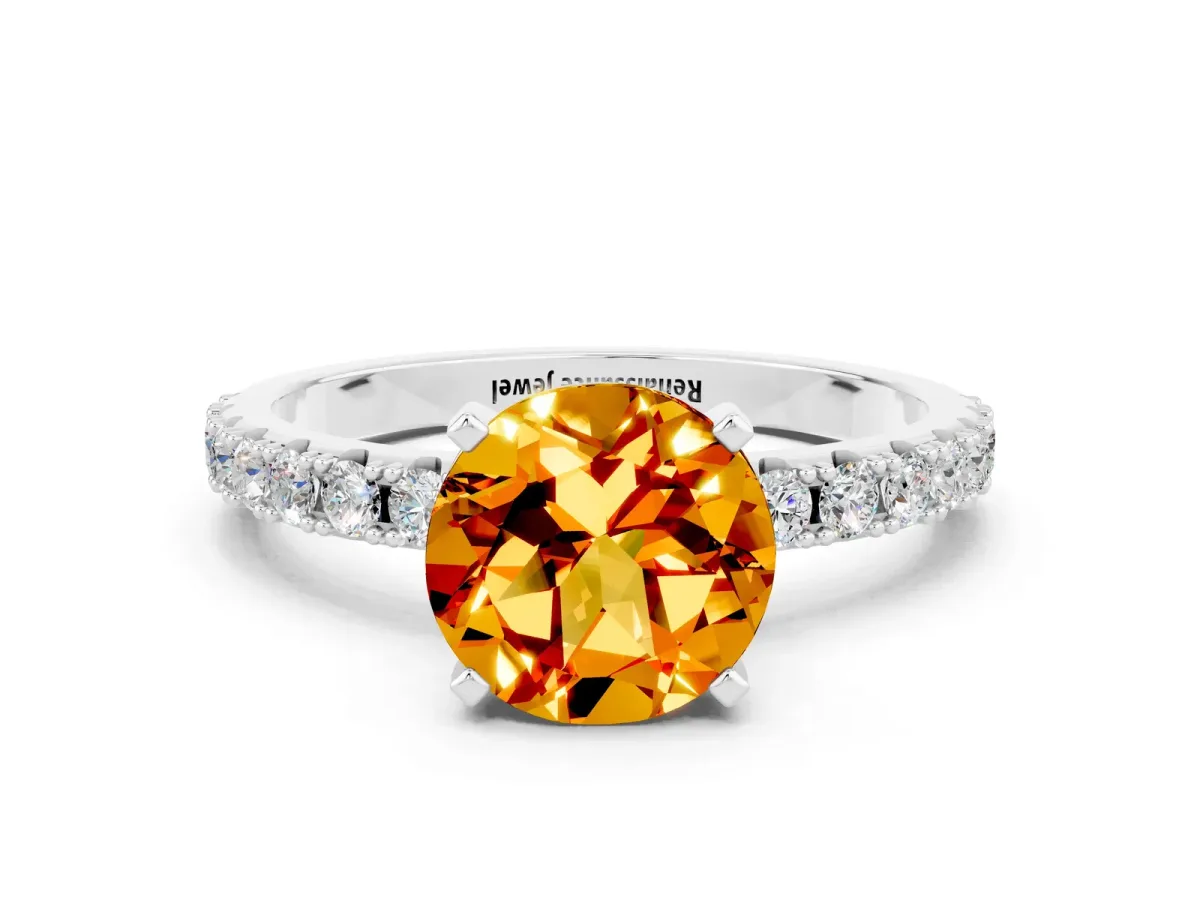 Round Cut Citrine Solitaire Pavé Band with Four-Prong Setting Platinum