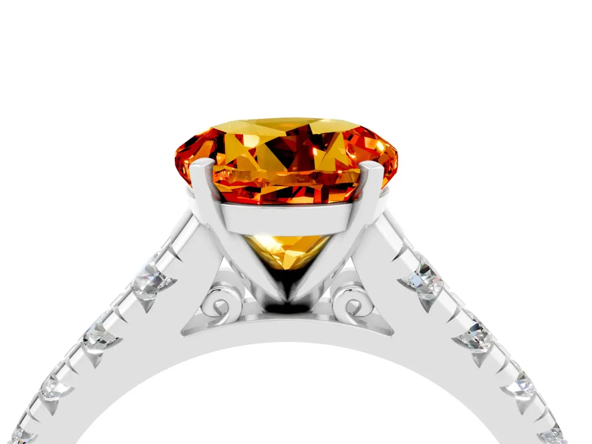 Round Cut Citrine Cathedral Solitaire Ring with Round Pavé Band Silver