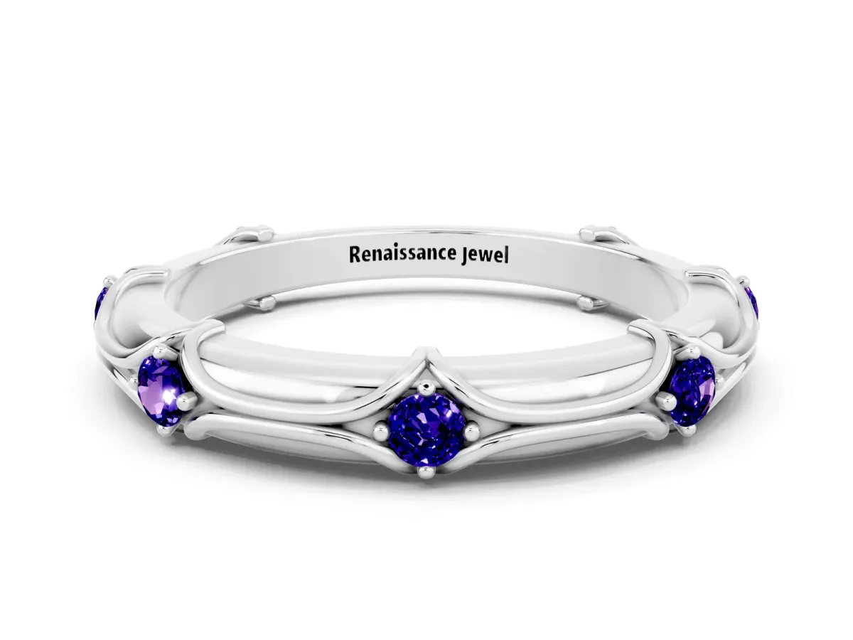 Round Tanzanite Prong Set Milgrain Eternity Band Silver