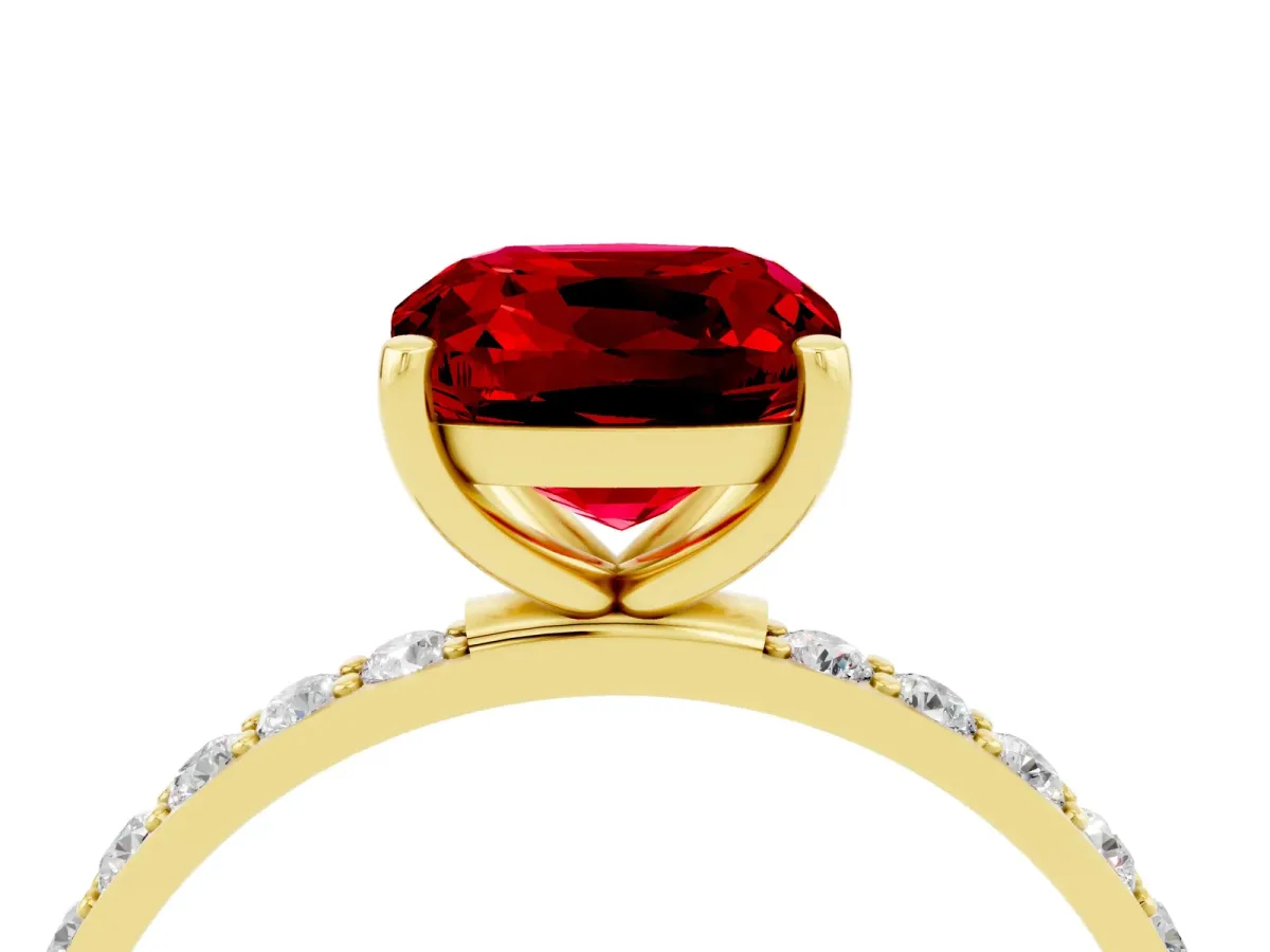 Cushion Cut Ruby Solitaire Ring with Round Pavé Band and Prong Setting Yellow gold