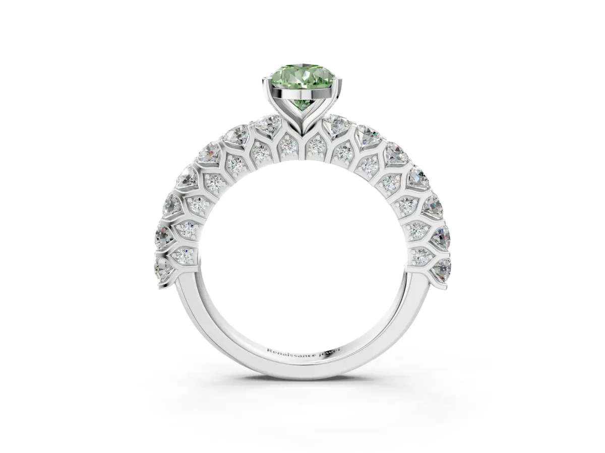 Fancy Green Pear Cut Diamond Solitaire Ring with Shared Prong Pavé Band and Four-Prong Setting Silver