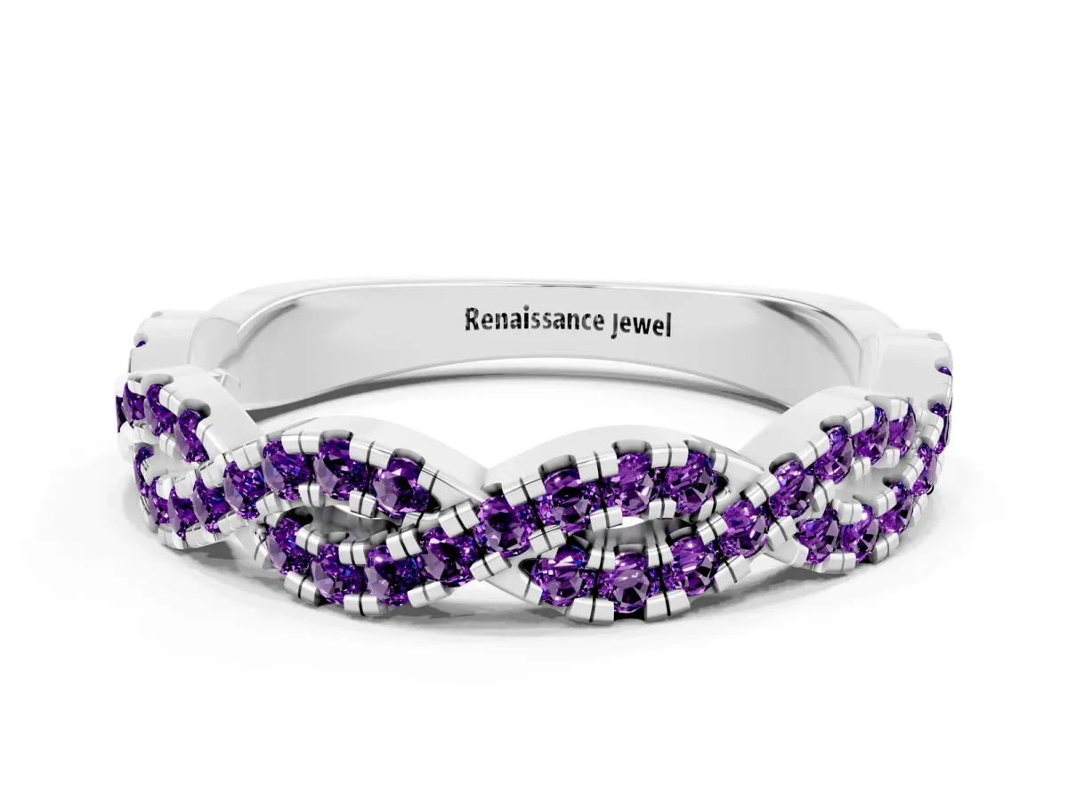 Round Amethyst Twisted Eternity Band with Pavé and Shared Prong Setting Silver