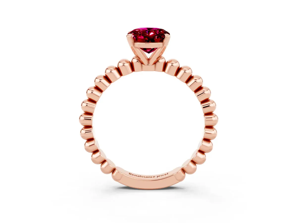 Oval Cut Garnet Solitaire Ring with Beaded Band and Prong Setting Rose gold