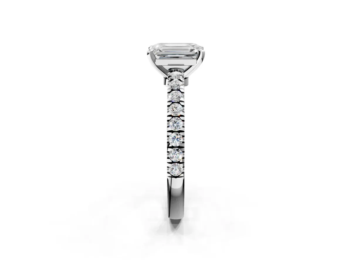 Emerald Cut Solitaire Diamond with Pavé Band and Four-Prong Setting White gold