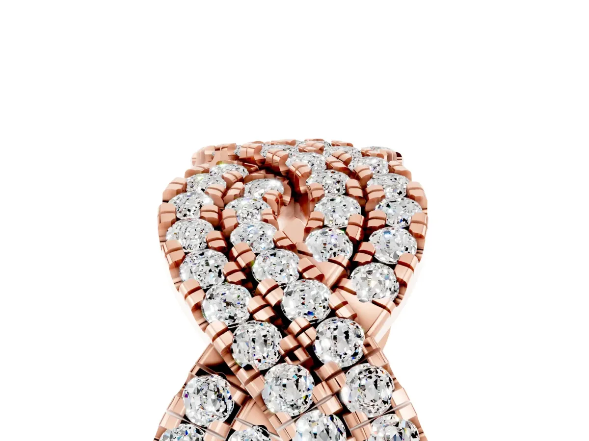 Pavé Round Moissanite Infinity Twist Band with Shared Prong Setting Rose gold