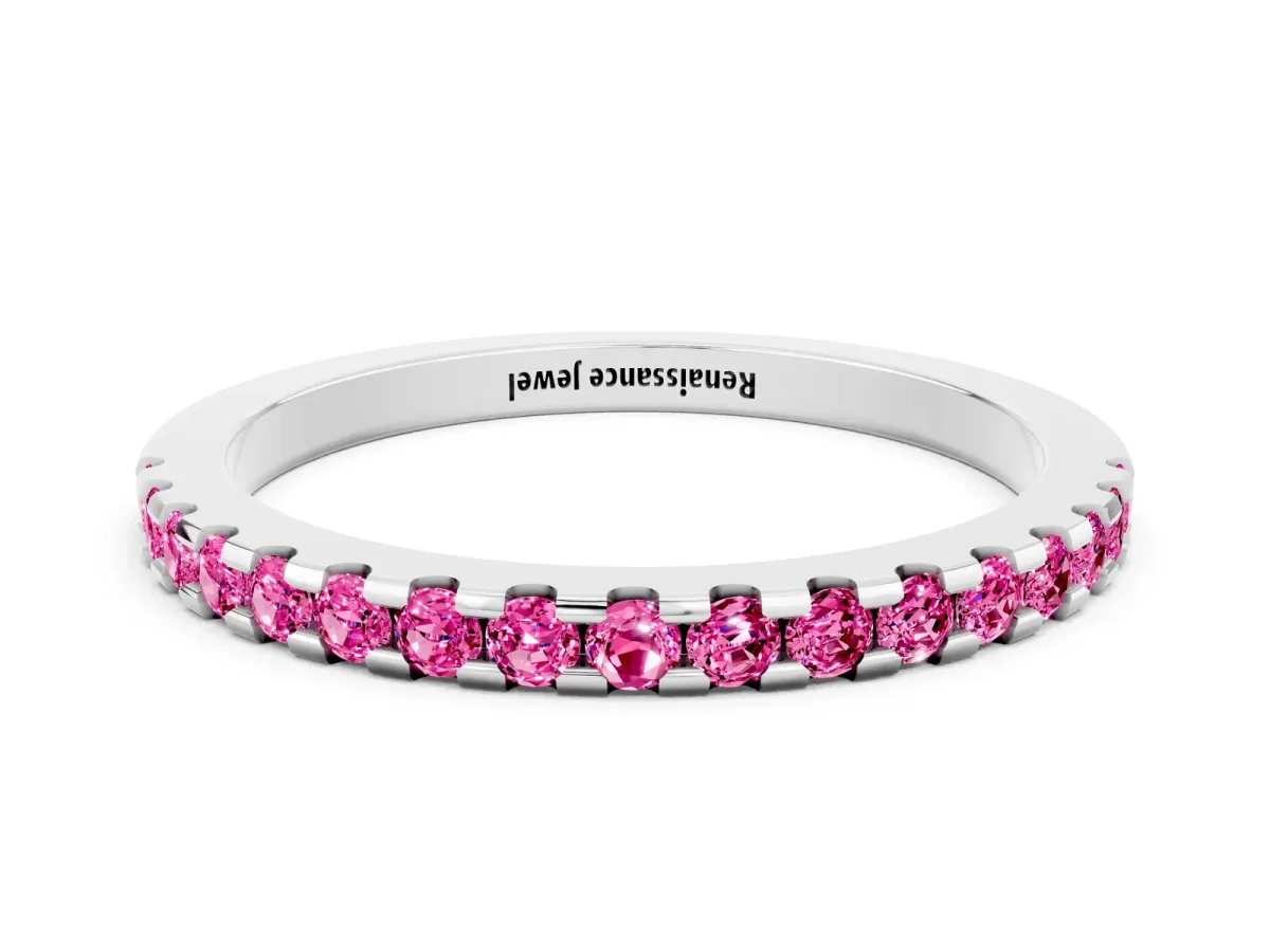 Round Pink Sapphire Pavé Set Eternity Band with Micro Prong Setting Silver