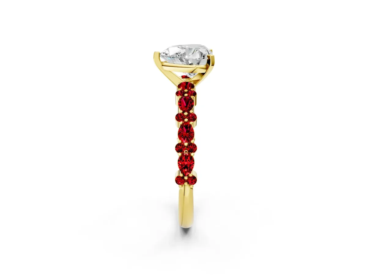Heart Cut Diamond Side Stone Solitaire Ring with Round Ruby and Four-Prong Setting Yellow gold