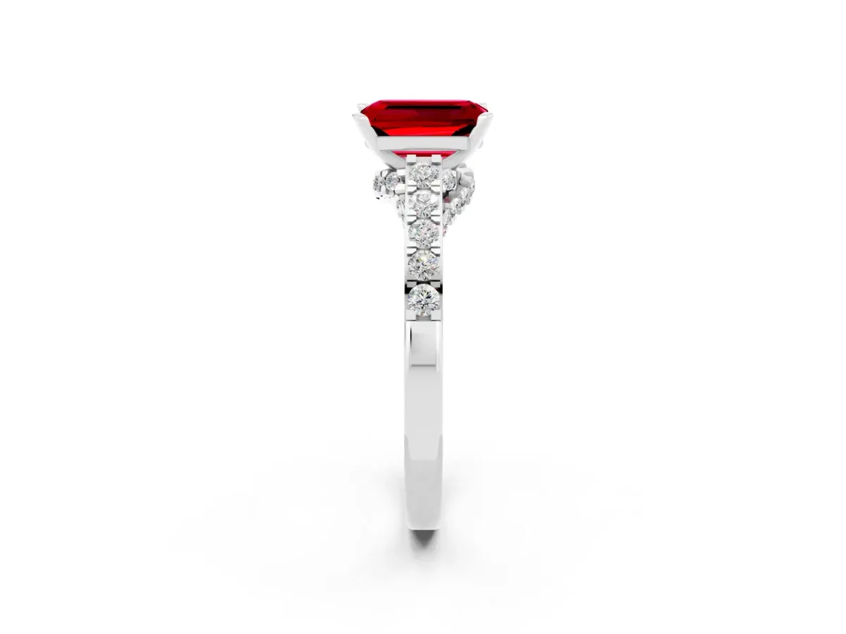 Emerald Cut Ruby Solitaire Ring with Crossover Gallery and Round Pavé Band Silver